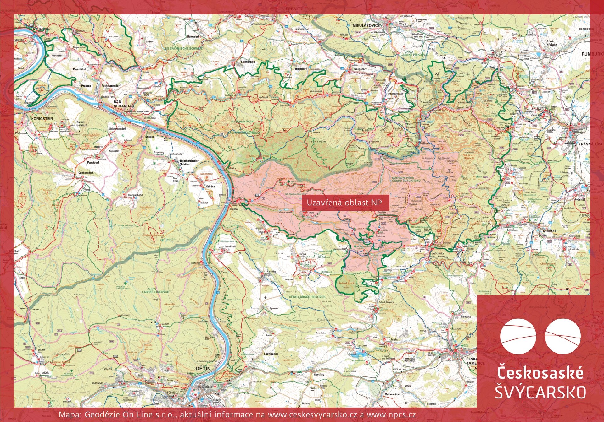 Mapa Českého Švýcarska - Uzavřené oblasti